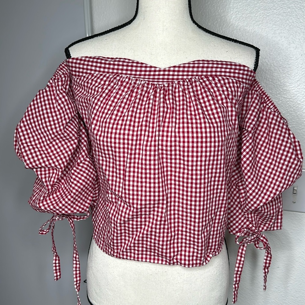 Red Gingham Off-Shoulder Puff Sleeve Top